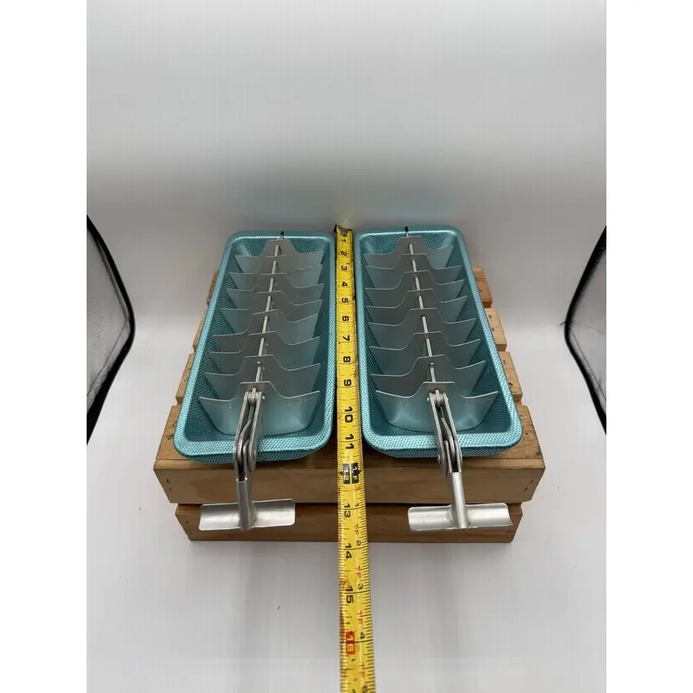 Vintage Metallic Blue Aluminum Ice Cube Trays with Levers - Pair of 2